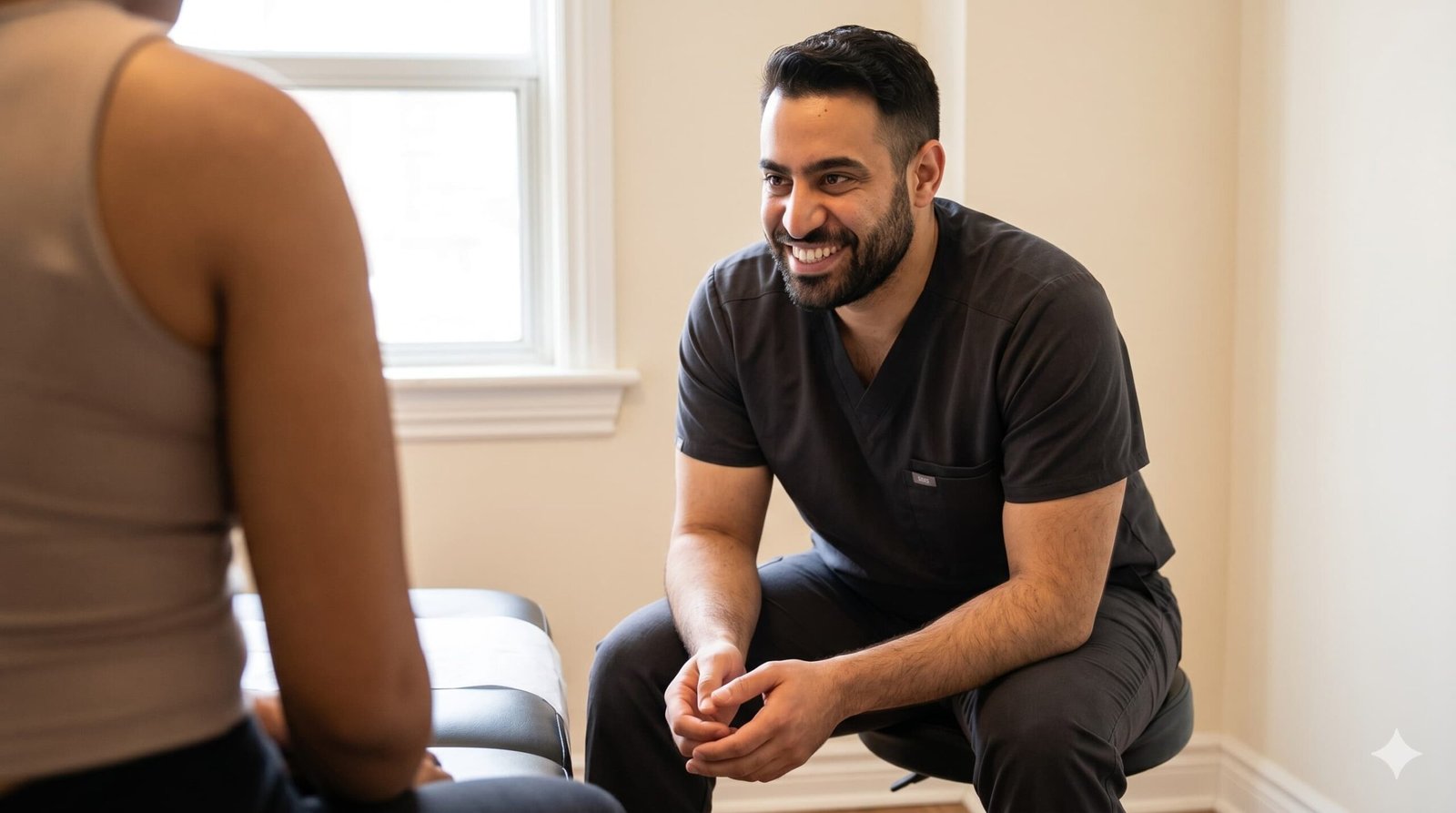 Mohammad Maghfourian listening to patient during one-on-one physiotherapy assessment at MVMT Kinetic Toronto clinic