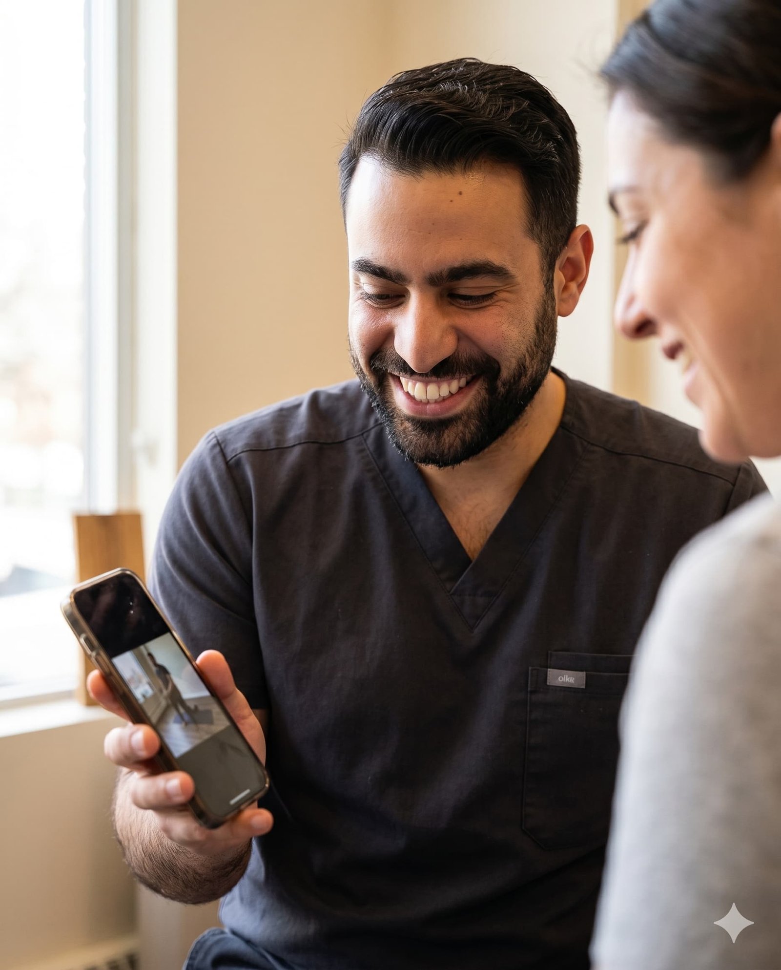 Mohammad Maghfourian showing patient their custom corrective exercise video on smartphone — MVMT Kinetic Pocket Specialist system, Toronto