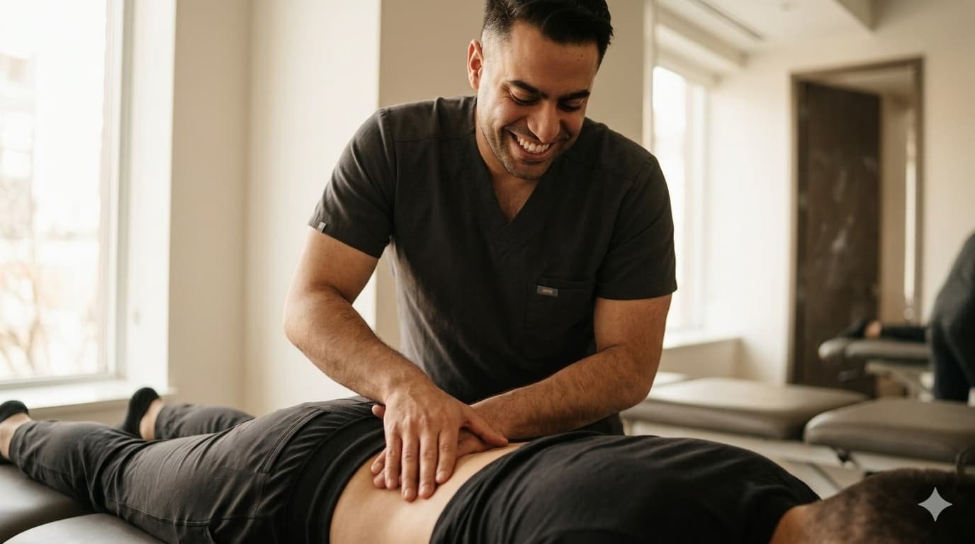 Mohammad Maghfourian, physiotherapist at MVMT Kinetic, performing hands-on lumbar assessment on patient at Yorkville Toronto clinic