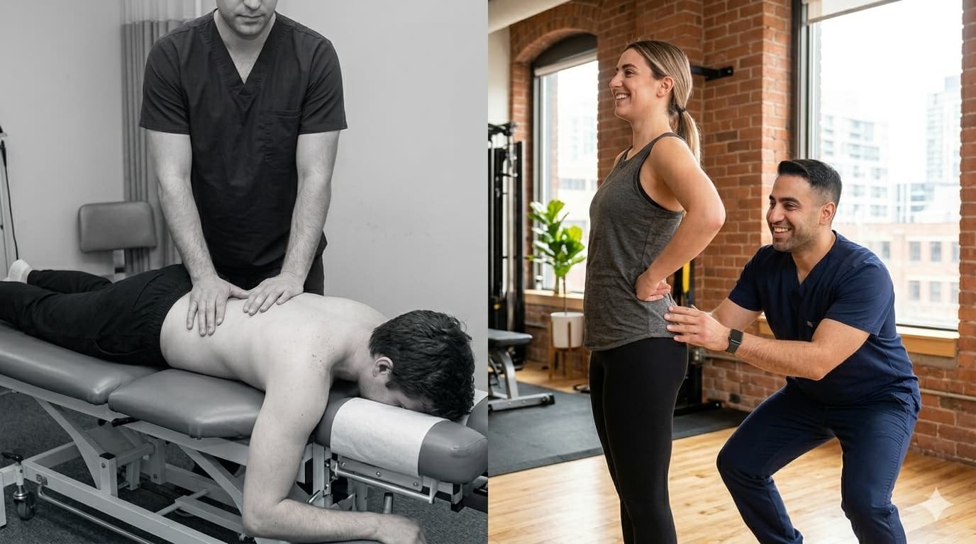 Mohammad Maghfourian, MVMT Kinetic physiotherapist, observing patient movement mechanics during root-cause assessment at Toronto clinic