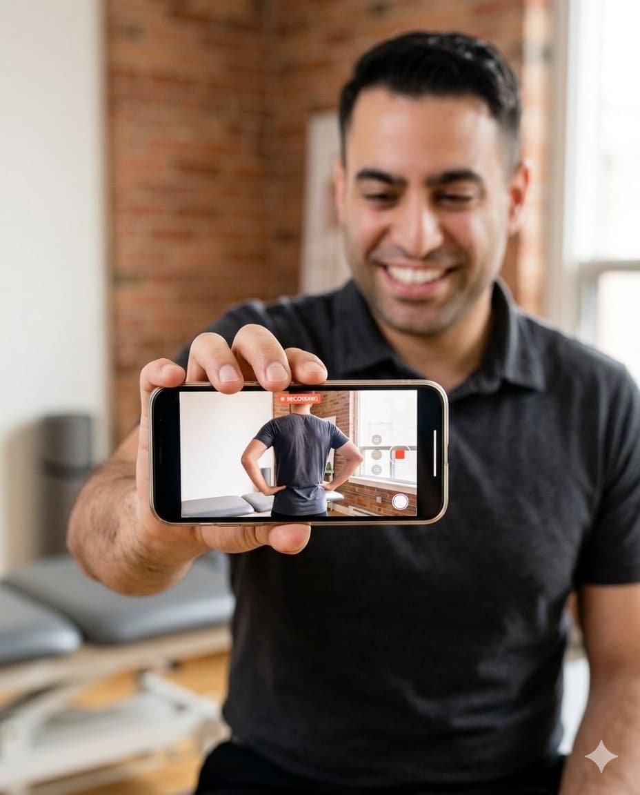 Mohammad Maghfourian recording patient exercise video on smartphone at MVMT Kinetic Toronto — Pocket Specialist corrective exercise system