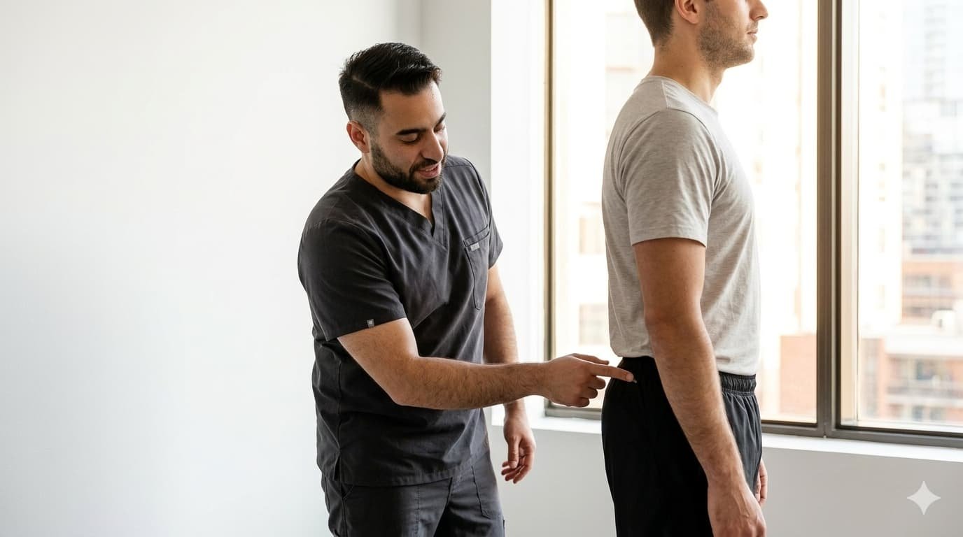Mohammad Maghfourian performing full-body postural and kinetic chain assessment at MVMT Kinetic Toronto physiotherapy clinic